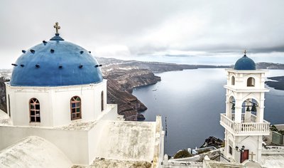 Santorini caldera blue domes